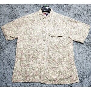 Reel Legends Vented Fishing Shirt Mens Large Tan Red Fish Palm Trees Button Up